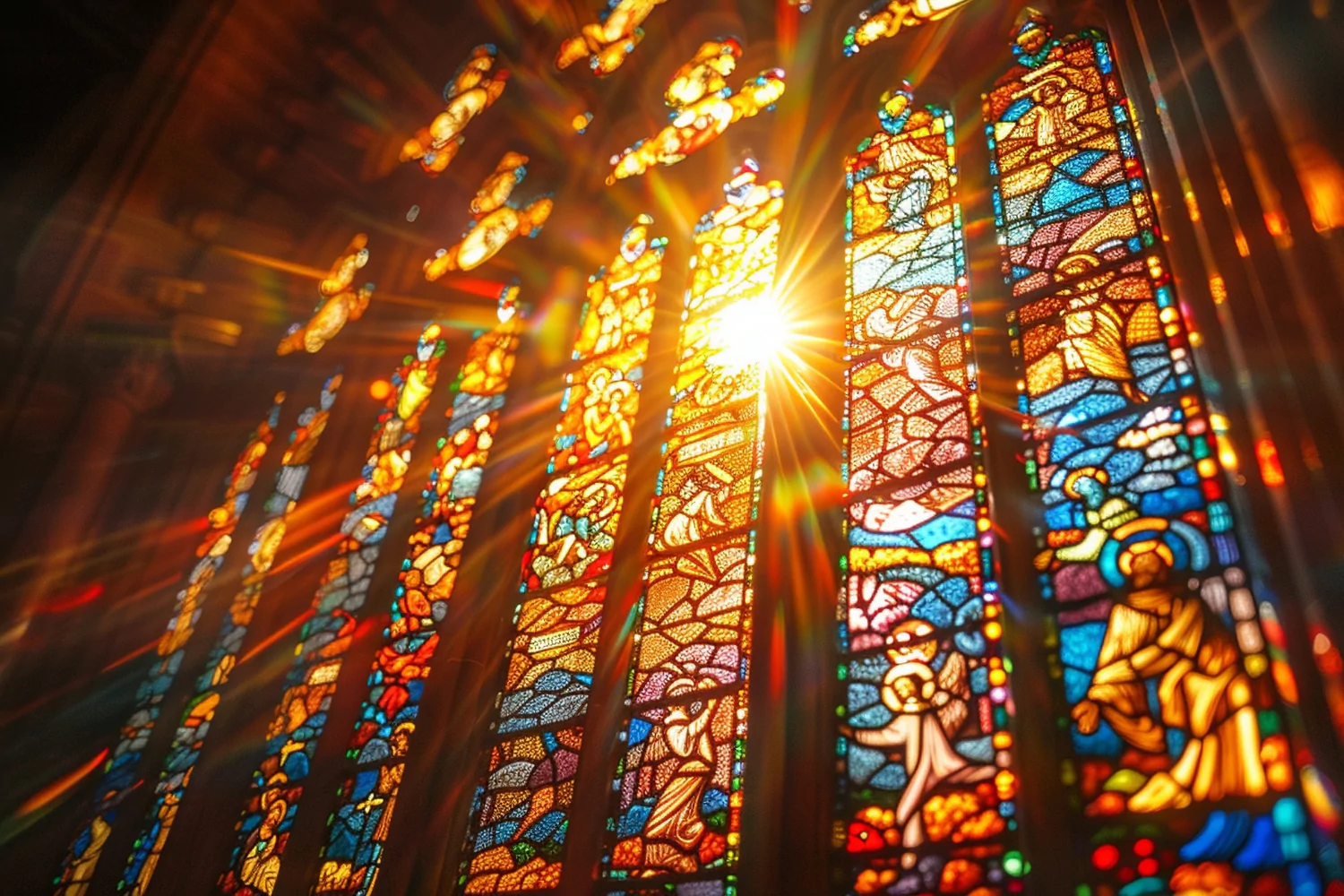 Sunlight streaming through vibrant stained glass windows in a church, beautifully illustrating stories that point to the doctrine of God.