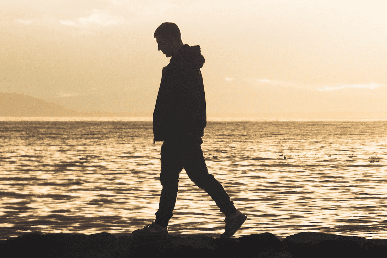 silhouette of a man walking along a shoreline at dusk