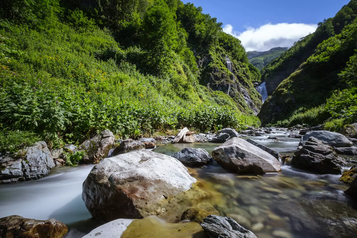 a river rushes over rocks in a lush green landscape