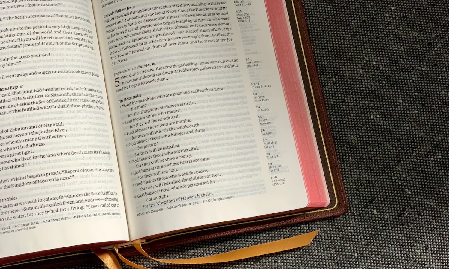 close-up of an open Bible on a table