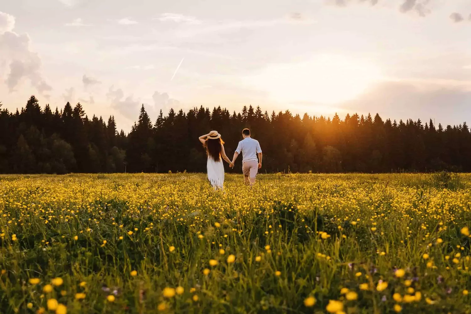 A husband and wife walk through a field dotted with yellow flowers hand-in-hand.