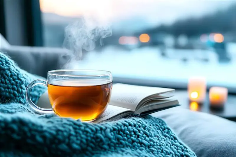A steaming cup of tea placed on an open book beside a window, with a cozy blue blanket and lit candles, overlooking a serene winter scene.