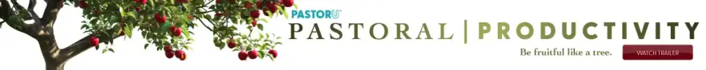 Pastoral Productivity banner with an apple tree and the text 'Be fruitful like a tree. Watch Trailer'