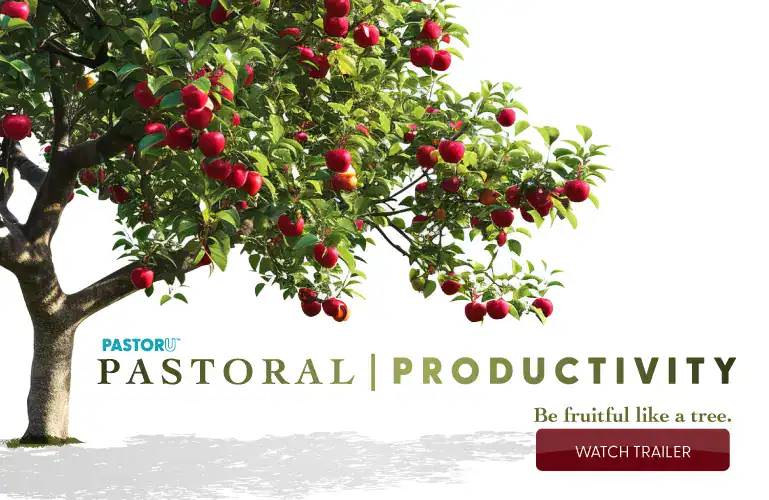 Tree with green leaves and red apples promoting Pastoral Productivity with the text 'Be fruitful like a tree. Watch Trailer